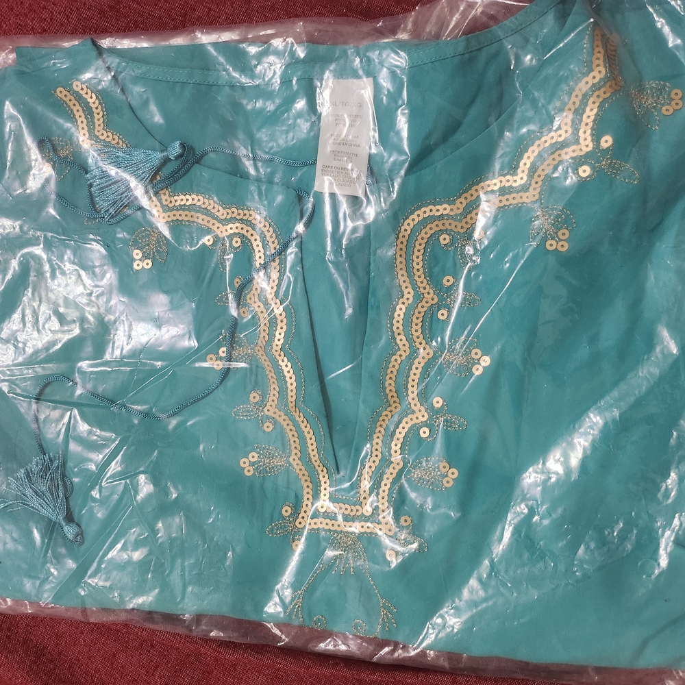 Avon Teal Embroidered Top with Tassels